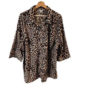Catherines Leopard Print Roll Tab Sleeve Button Up Top 2X Relaxed Office Mature
